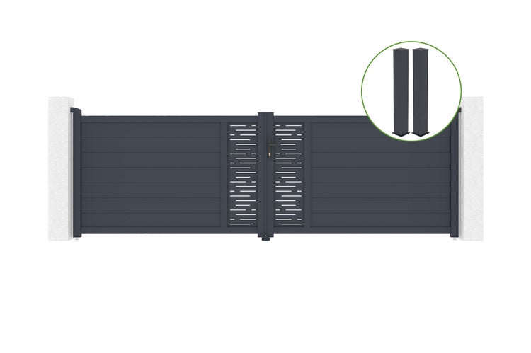 Aluminium Schiebetor mit horizontalen Lamellen und Dekor, inklusive Torpfosten