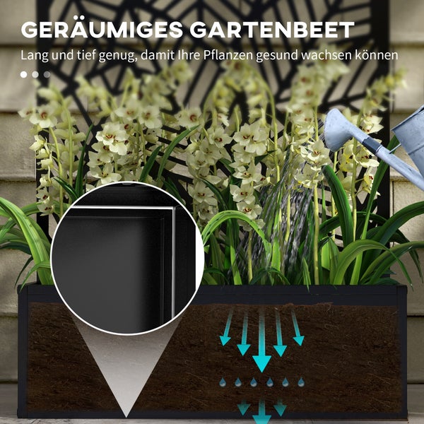Moderner Wandpflanzkasten aus Metall mit dekorativem lasergeschnittenem Blattmuster-Paneel an einer hellen Gartenwand zwischen grünen Pflanzen.