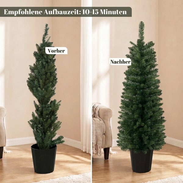 Vergleichsbild eines Kunstweihnachtsbaums vor und nach dem Auseinanderbiegen der Zweige mit einer empfohlenen Aufbauzeit von 10 bis 15 Minuten.