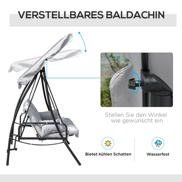 Outsunny Hollywoodschaukel, Gartenschaukel mit Liege-Funktion, 3 Sitzer, 209 x 114 x 170 cm, Metall+Polyester, Grau