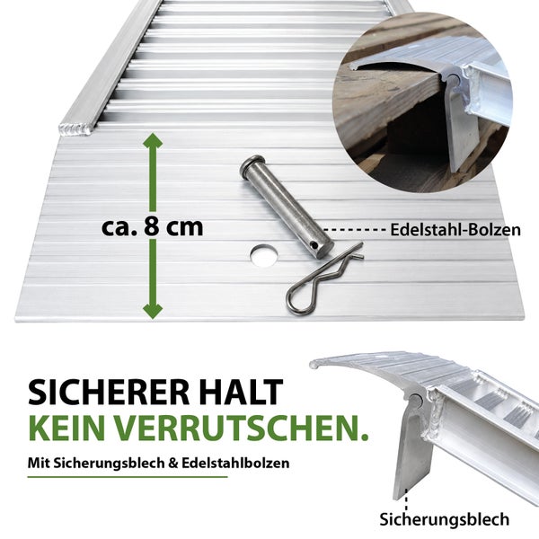 Auffahrrampe aus Aluminium mit Sicherungsblech und Edelstahlbolzen zur sicheren Befestigung bei Verladearbeiten.