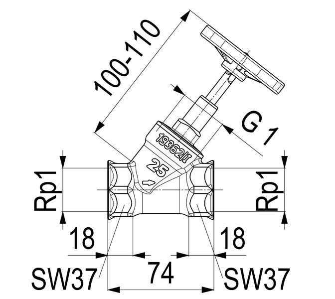 Technische Zeichnung Schrägsitzventil: Gewinde Rp 1 Zoll, Baulänge 74 Millimeter, Schlüsselweite 37, Höhe 100 bis 110 Millimeter.