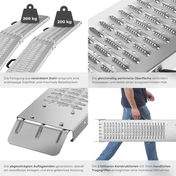 Auffahrrampen tectake Björn Belastbarkeit 400 kg, 200 kg pro Rampe 2er Set silber