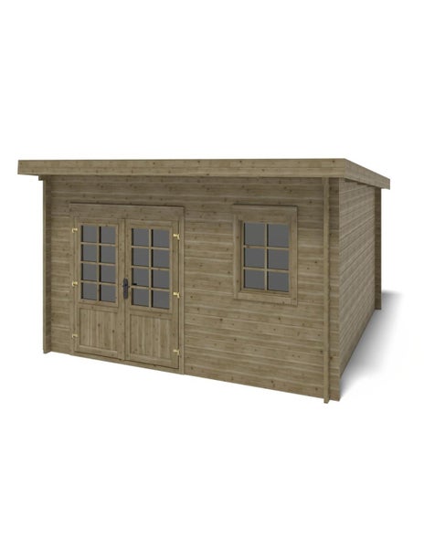 Modernes Gartenhaus aus Holz mit Pultdach, Doppeltür mit Sprossenfenstern und einem Einzelfenster.