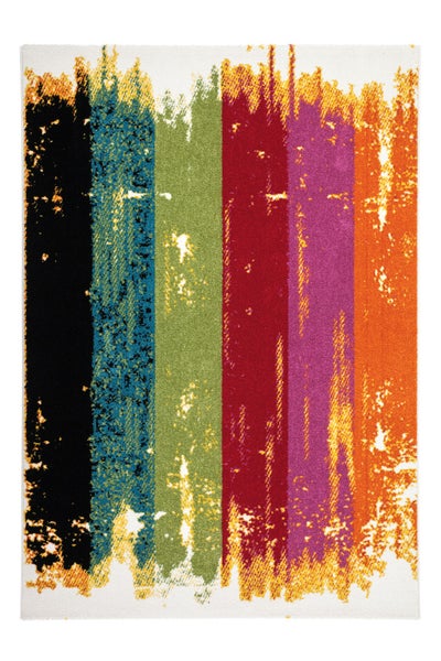 Moderner Teppich mit bunten vertikalen Streifen und abstraktem Design im Used-Look.