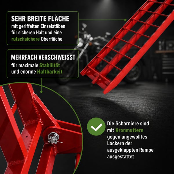 Klappbare Auffahrrampe für Motorräder mit geriffelter Oberfläche, verschweißter Konstruktion und Scharnieren, die mit Kronmuttern gesichert sind.