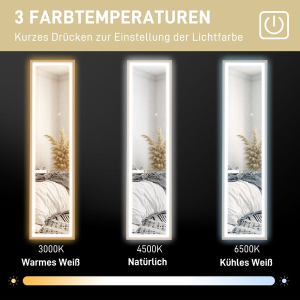 Drei LED-Spiegel mit Farbtemperaturen von 3000 Kelvin Warmes Weiß bis 6500 Kelvin Kühles Weiß. Mit Funktion zur Einstellung der Lichtfarbe.