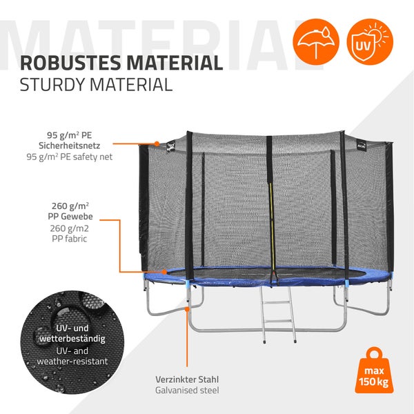 Hauki Trampolin Outdoor, Ø305 cm, Blau, GS geprüft, Rundes Gartentrampolin für Kinder bis 150 kg, Komplettset mit Sicherheitsnetz, Leiter, Randabdeckung, Gepolsterte Stangen, Stabile Kindertrampolin