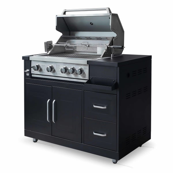 Gasgrill-Außenküche mit Drehspieß, Edelstahleinsatz, zwei Türen und zwei Schubladen