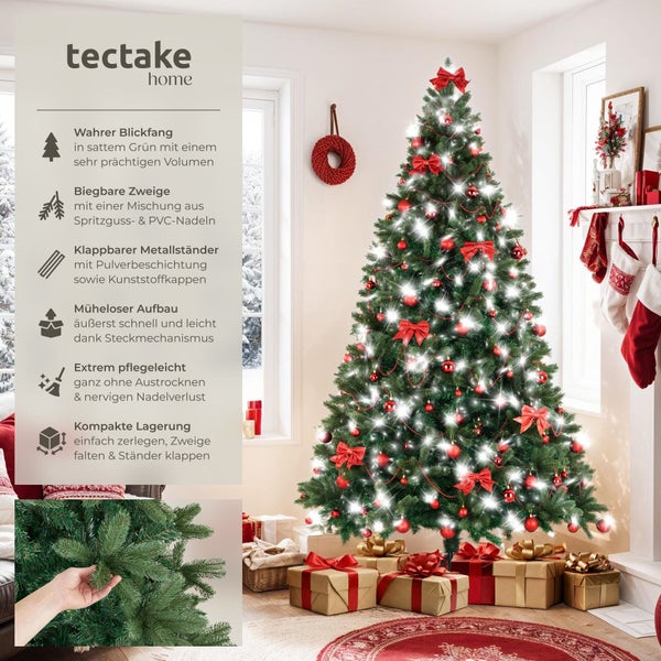 Geschmückter künstlicher Tannenbaum von Tectake Home mit Metallständer in einem Wohnzimmer mit Weihnachtsdekoration und Geschenken.