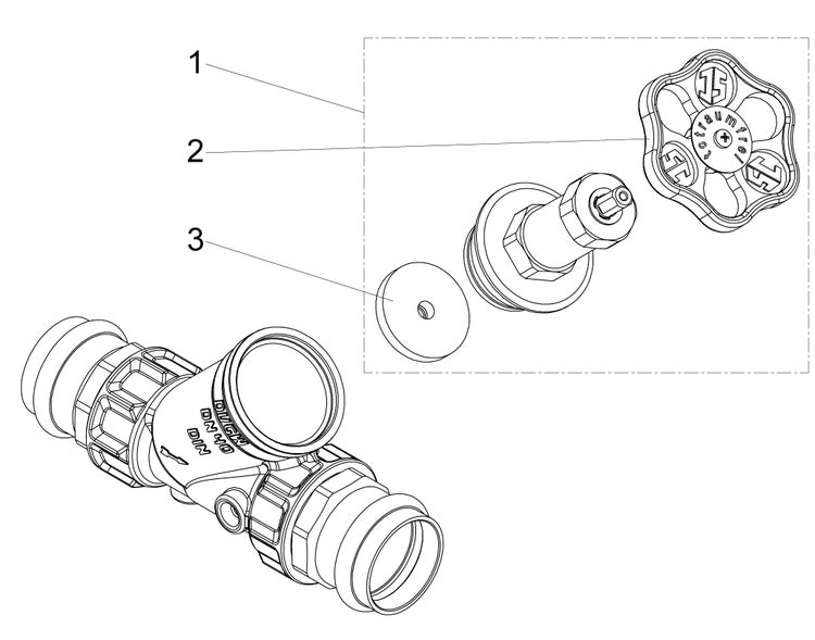 Technische Zeichnung eines Ventiloberteil-Sets für DN 40 Ventile mit Handrad und Dichtung.