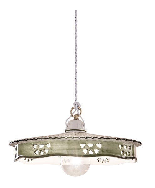 Hängelampe mit einem Lampenschirm aus Keramik und einem filigranen Muster.