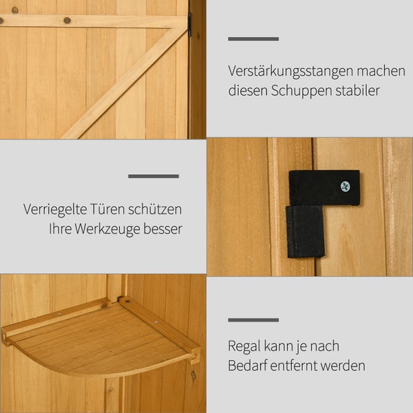 Detailansicht eines Holzschuppens mit verstärkten Türen, verriegelten Türen und einem entfernbaren Regal.