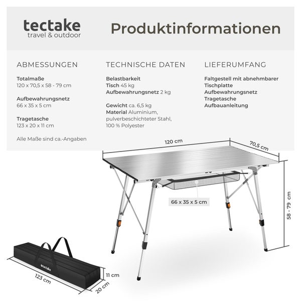 Produktinformationen zum tectake Campingtisch mit Abmessungen, technischen Daten und Lieferumfang. tectake travel & outdoor Logo.