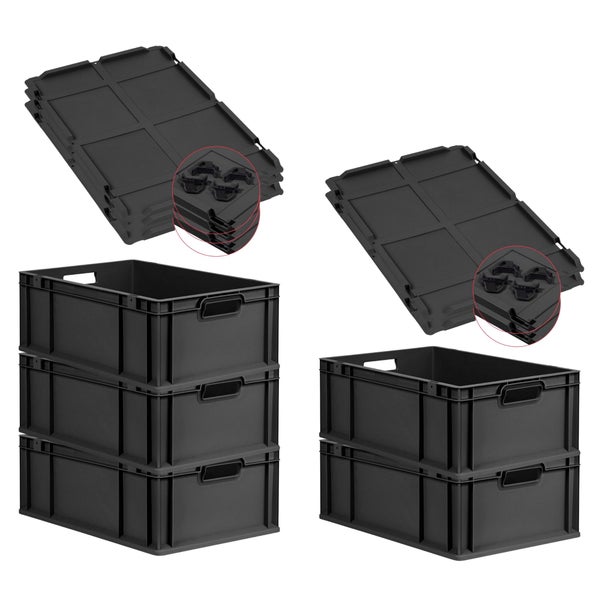 PROREGAL SparSet 5x Eurobox NextGen Grip mit Auflagedeckel inkl. 4 schwarzen Schiebeschnappverschlüssen, HxBxT 22x40x60cm, 44 Liter, Schwarz, Griffe offen, Verstärkter Boden, Eurobehälter, Transportbox, Transportbehälter, Stapelbehälter