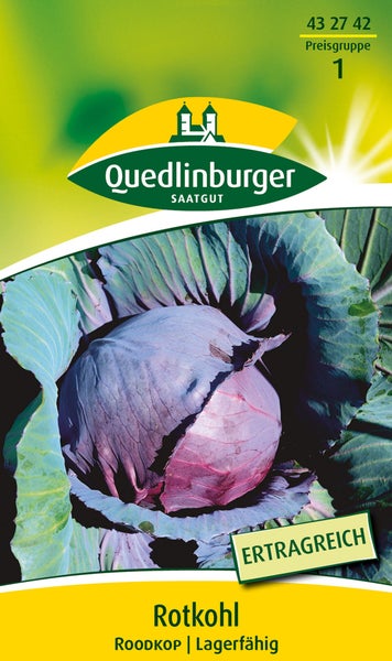 Quedlinburger Saatgut Logo, Samentüte für Rotkohl Roodkop, ertragreich und lagerfähig.