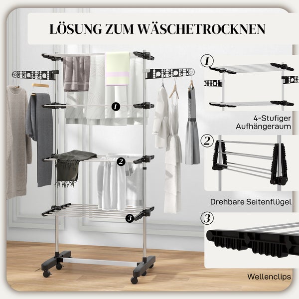 HOMCOM Wäscheständer mit Rollen Wäschetrockner Turm, Standtrockner mit Klappbarem Flügel, Wäscheturm für Indoor, Outdoor, Stahl 142 x 55 x 172 cm, Schwarz