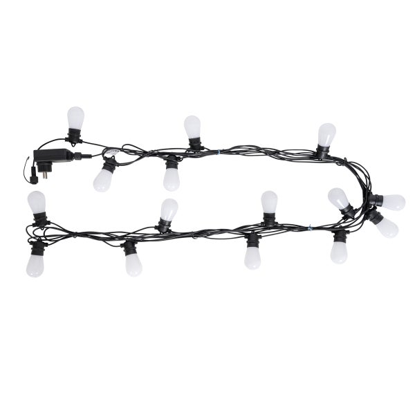 Schwarze Lichterkette mit weißen, birnenförmigen Leuchtmitteln und Netzstecker.