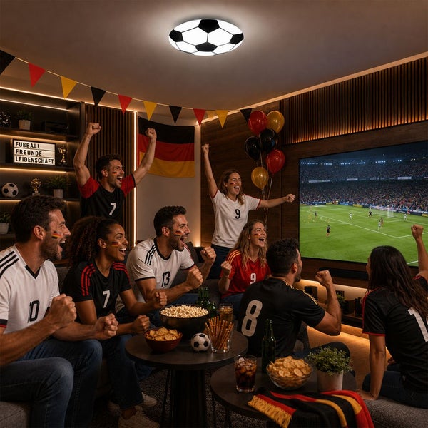 Stimmungsbild eines Wohnzimmers mit jubelnden Fußballfans und einer runden Deckenleuchte im Fußball Design für eine sportliche Atmosphäre.