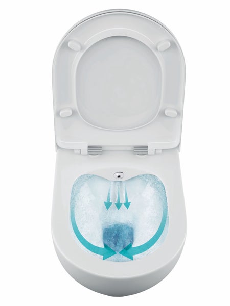 Wand-WC spülrandlos aus weißer Keramik mit offenem Deckel und Darstellung der Wasserführung.