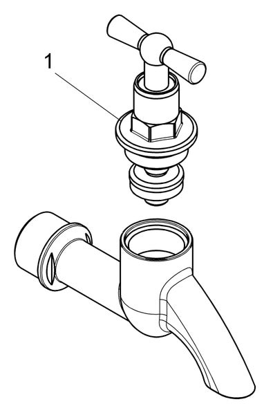 Schematische Zeichnung einer Armatur mit Kennzeichnung des Oberteils als Ersatzteil, markiert mit der Nummer eins.