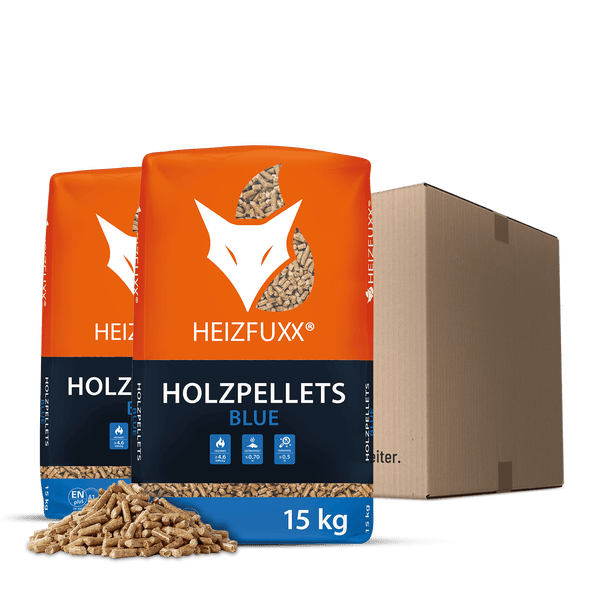 Heizfuxx Holzpellets Blue, zwei 15 Kilogramm Säcke, ein Karton und lose Pellets. ENplus A1 zertifiziert.