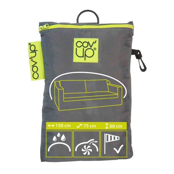 Cov'up Logo. Schutzhülle für Sofas in einer Aufbewahrungstasche, Maße 130 mal 75 mal 60 Zentimeter. Wasserdicht, atmungsaktiv und windfest.