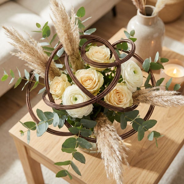 Blumenstrauss mit Rosen, Ranunkeln, Eukalyptuszweigen und getrocknetem Pampasgras, dekoriert mit geschwungenen Metallringen auf einem Holztisch.
