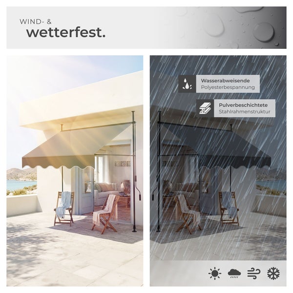 Wetterfeste Klemmmarkise auf Balkon, gezeigt bei Sonne und Regen. Wasserabweisender Polyesterstoff und pulverbeschichteter Stahlrahmen.