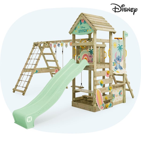 WICKEY Spielturm Disney Stitch Story mit Rutsche, Kletteranbau und Doppelschaukel