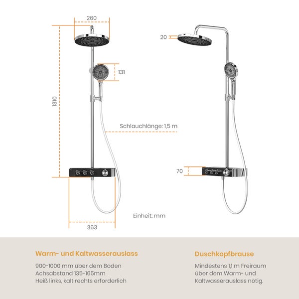 EMKE Duschsystem mit Thermostat, Chrom, 36×24 cm Regendusche & Handbrause mit 3 Strahlarten, höhenverstellbare 1100 mm Brausestange, 355 mm Auslauf, 1,5 m Schlauch, Duscharmatur