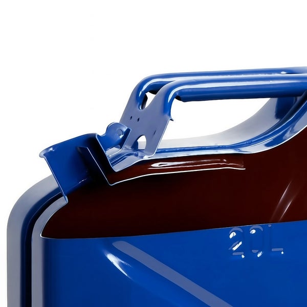 Detailansicht eines blauen 20-Liter-Kraftstoffkanisters mit Tragegriff.
