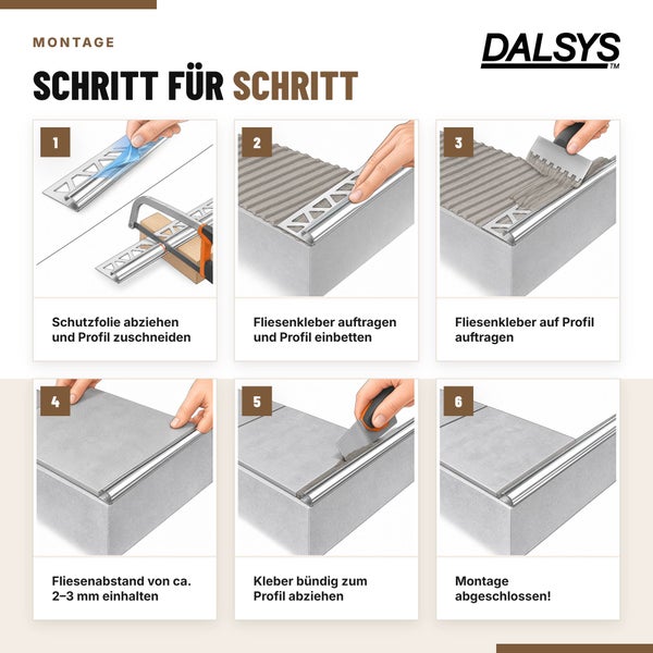 Schritt fuer Schritt Montageanleitung fuer Dalsys Fliesenprofile mit sechs illustrierten Arbeitsschritten zur fachgerechten Installation.