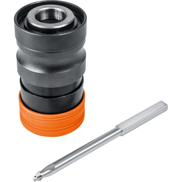 Bohrschablone aus Metall und Kunststoff mit Zentrierstift.