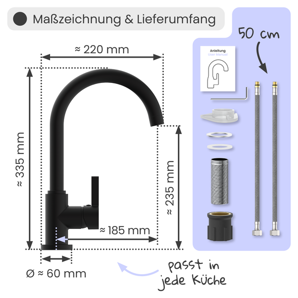Maßzeichnung und Lieferumfang einer Küchenarmatur mit den Maßen 220 x 335 mm, Ausladung 185 mm und einem Durchmesser von 60 mm, inklusive Zubehör und Montageanleitung. Die Höhe des Zulaufschlauchs beträgt 50 cm.