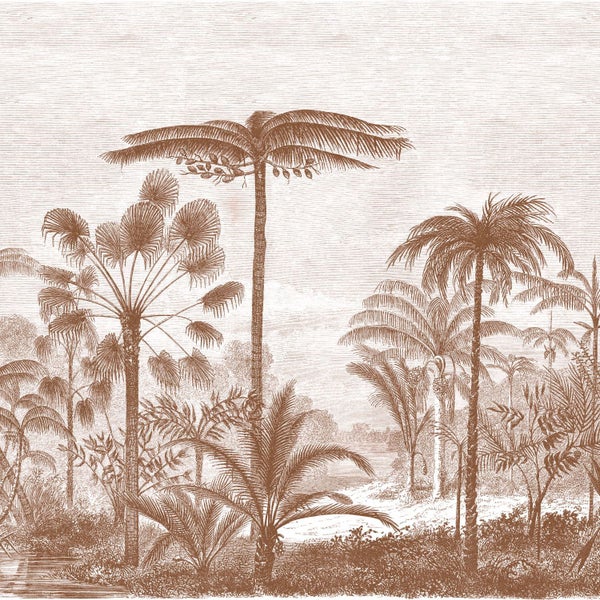 Vliestapete mit Illustration verschiedener Palmen in einem Dschungel im Vintage-Stil.