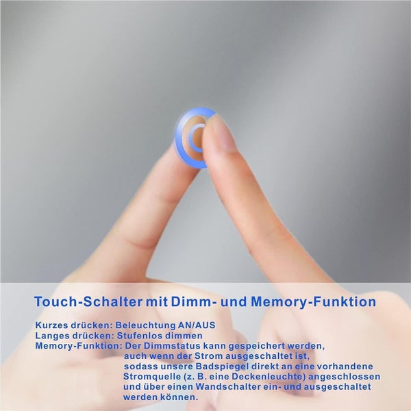 Finger auf Touchschalter mit Dimmfunktion und Memoryfunktion fuer Badezimmerspiegel zur Helligkeitsregulierung und Lichtsteuerung.