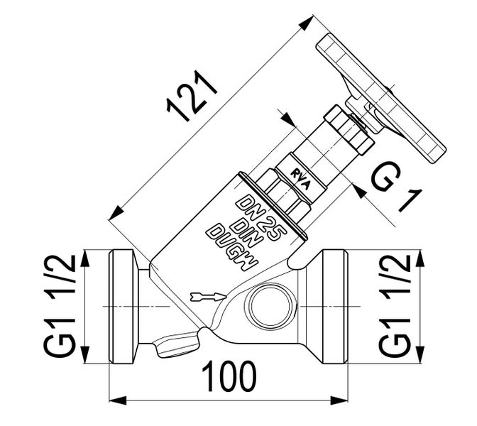Technische Zeichnung eines Schrägsitzventils mit Maßangaben G 1 1/2 Zoll, DN 25 und 121 Millimeter.