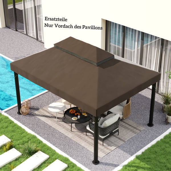 Ersatzdach für Pavillon in Braun, montiert auf einem Metallgestell im Gartenbereich neben einem Pool.