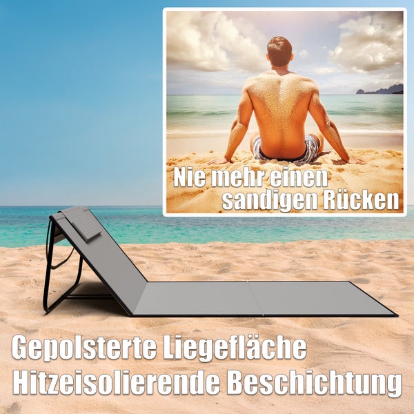 Strandliege mit gepolsterter Liegefläche und hitzeisolierender Beschichtung.