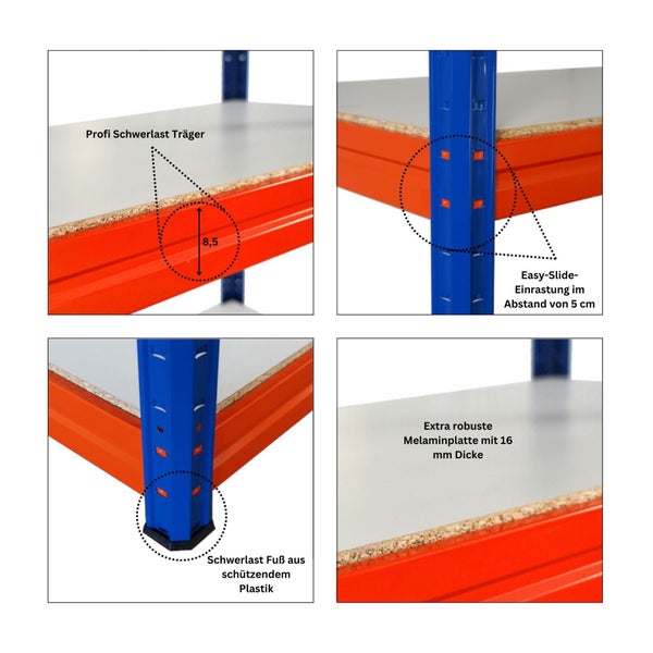 Detailansicht eines Schwerlastregals mit Melaminplatte, Träger und Kunststofffuß