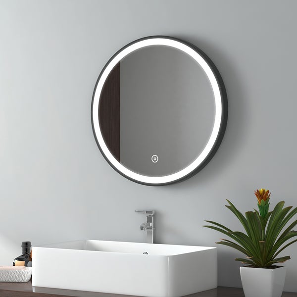 EMKE LED Badspiegel rund Ø50 cm, 3 Farbtemperaturen & Helligkeit einstellbar, Anti-Beschlag, Touch-Schalter, schwarzer Rahmen mit Deko-Aufhängung, IP44, zur Wandmontage, für das Badezimmer geeignet