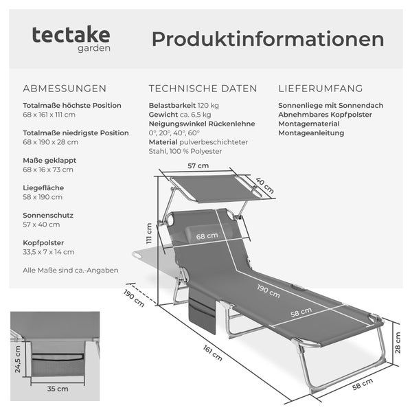 tectake garden Logo und Produktinformationen zur Sonnenliege mit Sonnendach, Kopfpolster und Maßangaben in Zentimetern.