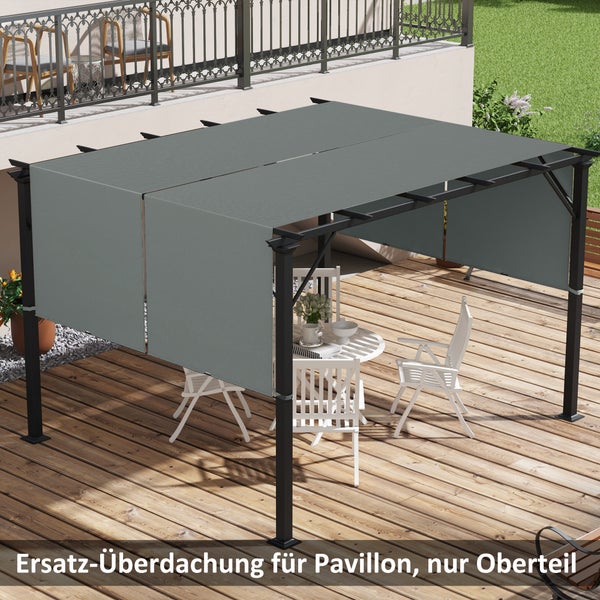 Graue Ersatz-Überdachung für Pavillon aus Stoff auf dunklem Metallgestell über weißen Gartenmöbeln auf einer hellen Holzterrasse.