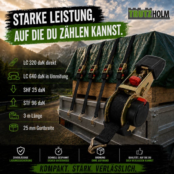 Trutzholm Zurrgurt mit Ratschenschloss zur Ladungssicherung auf einem Anhänger mit technischen Spezifikationen und Trutzholm Logo.