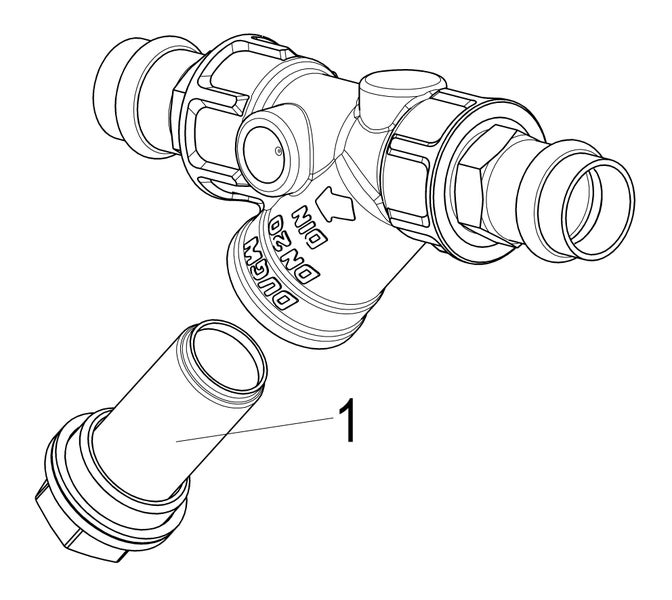 Technische Zeichnung eines Schrägsitzventils mit Nennweite 20 und herausnehmbarem Filtereinsatz Nummer eins.