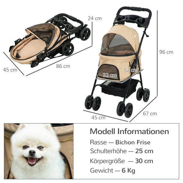 PawHut Hundewagen Hundebuggy mit Klappfunktion Pet Stroller für kleine Hunde und Katzen Haustierwagen Katzenbuggy Oxford Khaki 67 x 45 x 96 cm