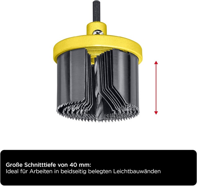 kwb 7-tlg. Mehrkranzlochsäge Ø 25, 32, 38, 45, 50, 58 und 63 mm mit Zentrierbohrer, guter Schnittleistung, 40 mm Schnitttiefe, Rundschaft und schwerem Aludruckguss-Trägerteller