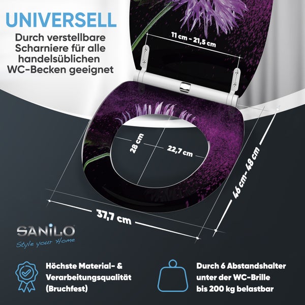 Sanilo WC-Sitz mit Blumenmotiv und verstellbaren Scharnieren für alle handelsüblichen WCs inklusive Maßangaben und technischer Produktdetails.
