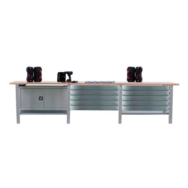 Werkbank BUFFALO WOOD mit 10x Schublade + Schrank| HxBxT 86,5x300x75cm | Traglast 1000kg | Grau